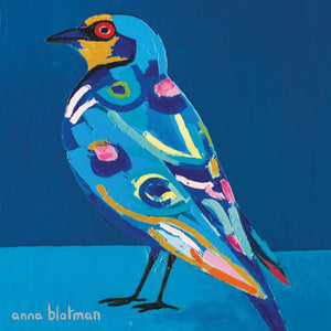 This coaster depicts an image painted by Anna Blatman of a blue bird on a two toned blue background, titled Gaston