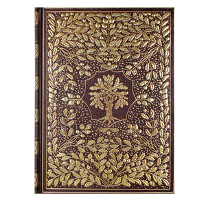 The cover design of the Gilded Tree of Life journal is embossed and embellished with iridescent highlights set on a dark brown background in Morocco goatskin leather