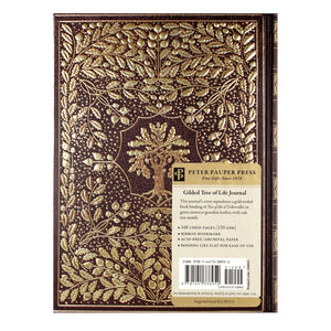 The back cover of the Gilded Tree of Life journal is the same as the front, it contains 160 lined pages, has a ribbon bookmark, has acid-free archival paper and the binding lies flat for ease of use