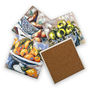 Lilli Rock Seasonal Fruit Set of 4 Coasters adorned with beautiful artwork by Australian artist Amanda Brooks with cork backing on each coaster