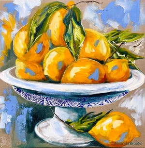 Lilli Rock Seasonal Fruit Set of 4 Coasters adorned with beautiful artwork by Australian artist Amanda Brooks with bowl filled with lemons