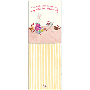 Twigseed bookmark with the words 'I love to play music and sing a song as my chickens dance and cluck along!'