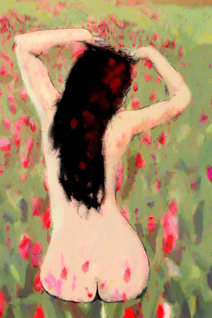 Rear view of undressed women with long black hair sitting in a field of poppies by Brian Kowald