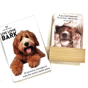 24 positive affirmation cards with dog images and wooden stand