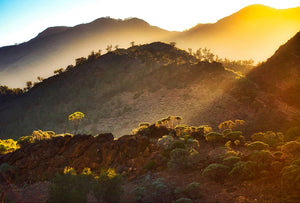 Photographic image by Brian Kowald of coastal hills bathed in the evening sun