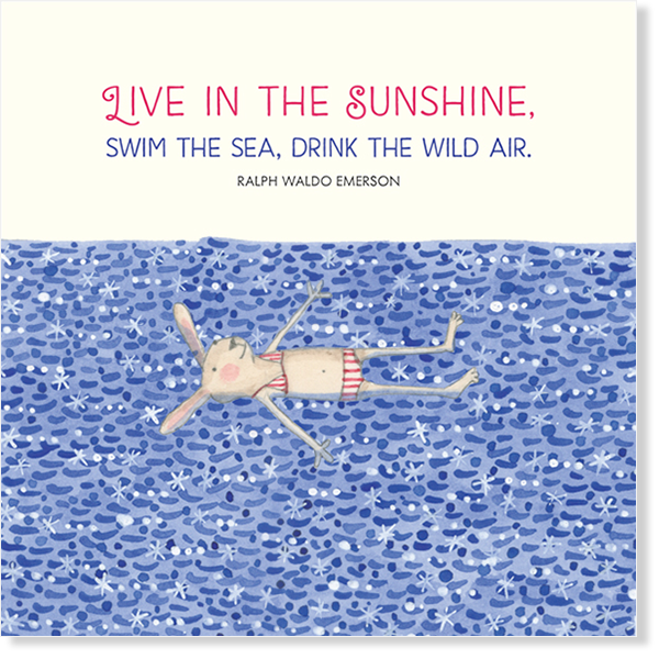 Twigseed card with comical bunny in bikini floating on the water and the words &quot;Live in the sunshine, swim the sea, drink the wild air.&quot;