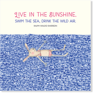 Twigseed card with comical bunny in bikini floating on the water and the words "Live in the sunshine, swim the sea, drink the wild air."