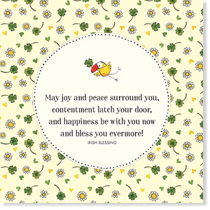 Twigseed card with the Irish Blessing "May joy and peace surround you, contentment latch your door, and happiness be with you now and bless you evermore!"