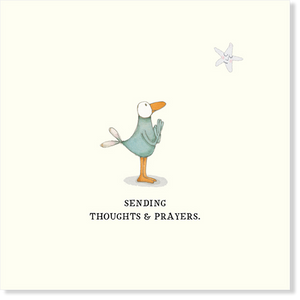 Twigseed card with little bird in prayer stance and the words "Sending thoughts and prayers."