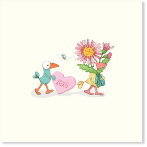 Twigseed card with comical characters holding flowers and love heart with xoxo