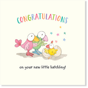 Twigseed card with two adult comical birds and little hatchling popping out of egg shell and the words "Congratulations on your new little hatchling."