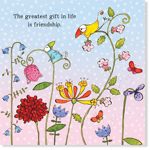 Colourful Twigseed card with flowers, butterflies and two comical birds