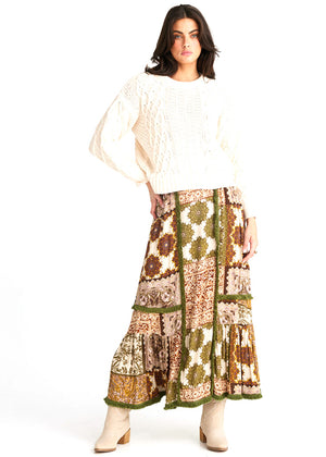 Stunning long length skirt with panels and green fringing