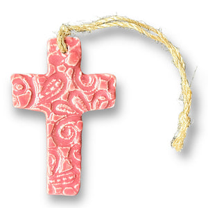 Small ceramic cross in rose pink with jute string for hanging