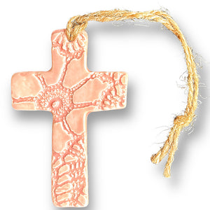 Small ceramic cross in pale pink with jute string for hanging