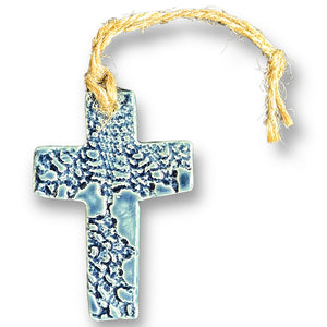Small ceramic cross in denim blue with jute string for hanging