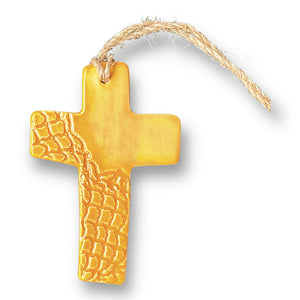 Small ceramic cross in sunflower yellow with jute string for hanging