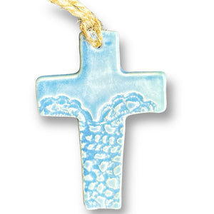 Small ceramic cross in baby blue with jute string for hanging