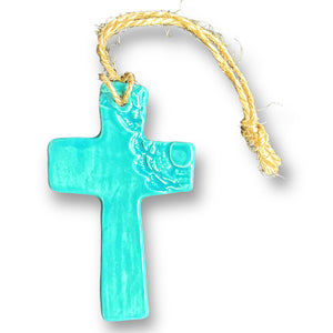 Small ceramic cross in turquoise with jute string for hanging