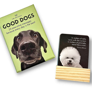 Good Dogs contains 24 affirmation cards featuring dog images with wooden stand