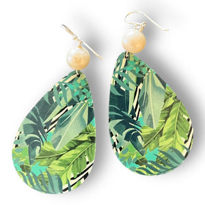 Large Pearl Tear Drop earrings with Tropical Garden design