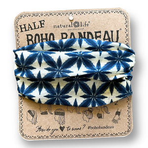 This Boho Bandana has a cream coloured background with abstract flowers in blue