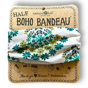 This Boho Bandana has a cream coloured background with small green flowers