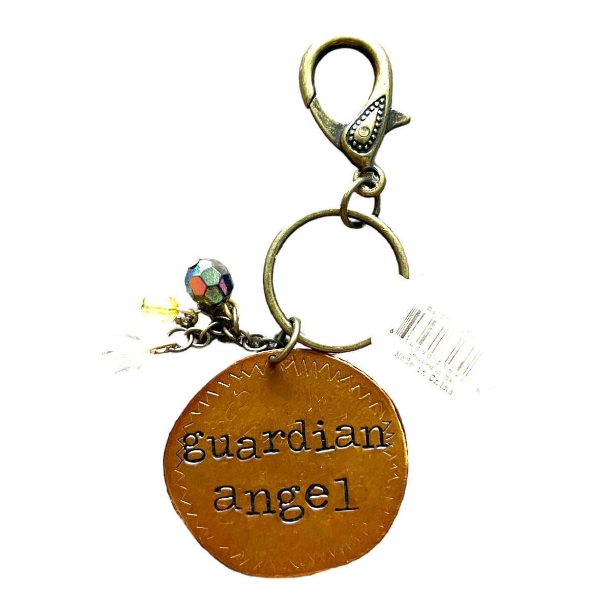 This lovely keyring from Natural Life has the words &#39;guardian angel&#39; engraved on the metal disk