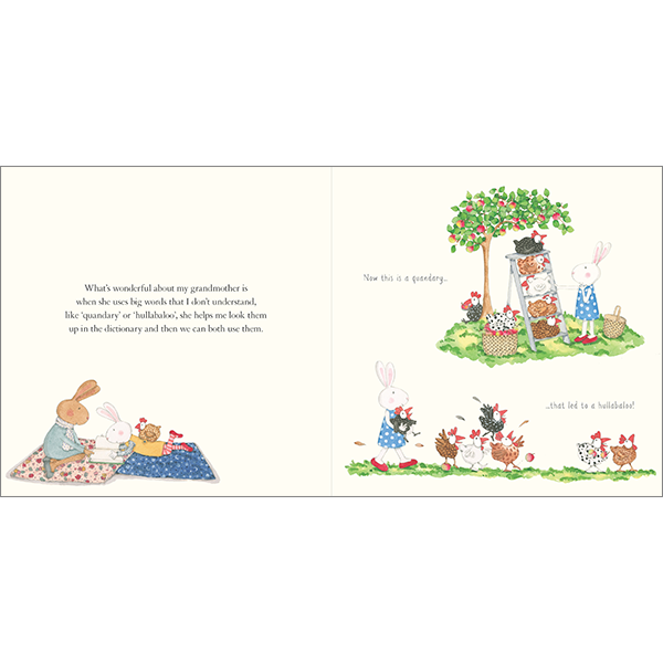 Grandmother reading to Ruby Red Shoes and Ruby playing with chickens