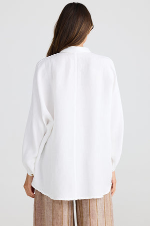 Rear view of Linen/viscose blend long sleeved shirt in white from Australian fashion label Shanty Corp