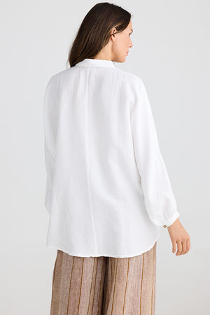 Rear view of Linen/viscose blend long sleeved shirt in white from Australian fashion label Shanty Corp