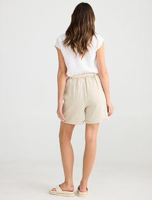 Rear view of Linen/cotton shorts by Shanty in natural jacquard with cuffed hem line