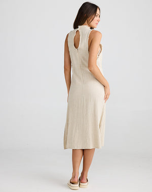 Rear view of Helaina dress from Shanty in natural jacquard