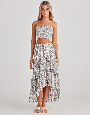 Lovely Sassy cotton skirt with a high and lo hem line in white with grey block print by Talisman