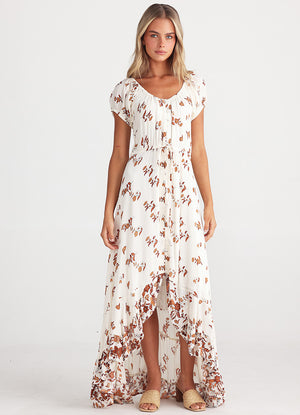 Beautiful full length dress in white with flower prints from Australian designer label Talisman