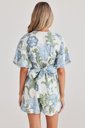 Rear view of the Vanessa top with large blue and green floral print