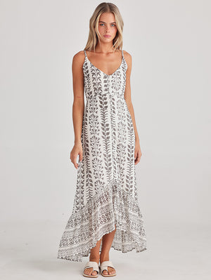 Lovely fine strapped dress in white with grey block print from Talisman