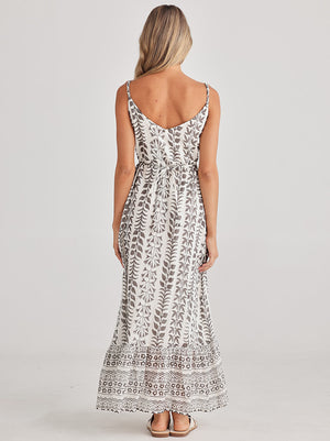 Rear view of Lovely fine strapped dress in white with grey block print from Talisman