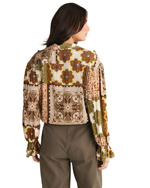 Rear view of our Zali shirt in the Paisley Gardens design in earthy tones