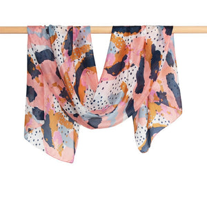 This sporty scarf made of the finest silk is in beautiful contrasting tones of pink, orange, white and charcoal