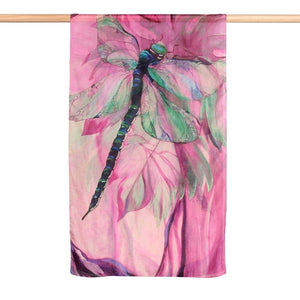 Stunning 100% silk luxurious scarf with dragonfly design in pink and jade colours