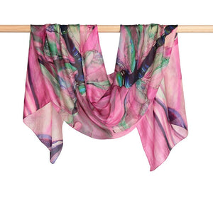 Dlux silk scarf with dragonfly image in soft pink and jade tones