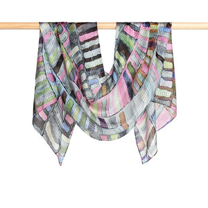 The Jumble silk scarf from DLUX is so pretty with it's oblong patterns in soft shades of sage, pink and charcoal