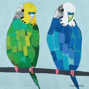 This coaster image by Anna Blatman depicts two sitting budgies, one in bright blue tones, the other in vibrant green tones