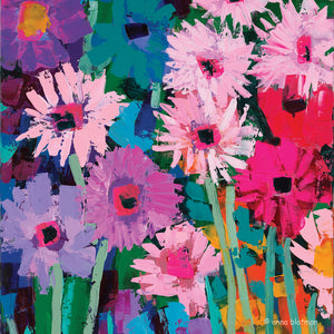 This coaster image by Anna Blatman depicts a field of vibrant flowers in shades of pink, blue, purple and green