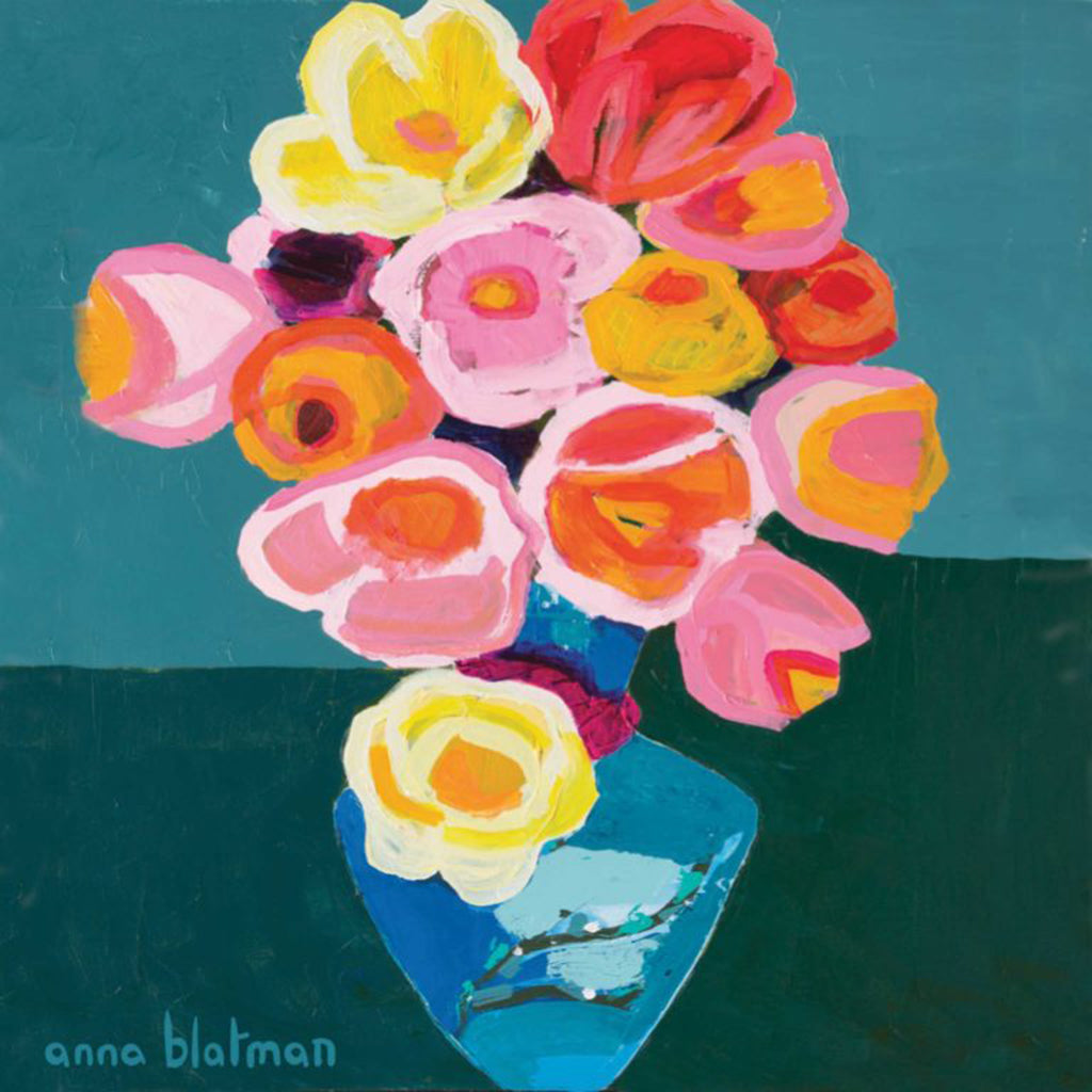 This coaster titled Ginnifer depicts a blue vase filled with poppies in red, orange, pink and yellow painted by Anna Blatman