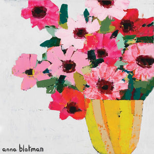 A very pretty image from Anna Blatman with a yellow vase overflowing with flowers in various shades of pink