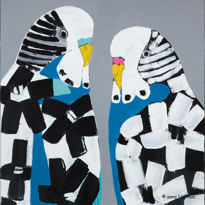 Image painted by Anna Blatman of two budgies facing each other with a blue frontage and black and white flowers on their wings