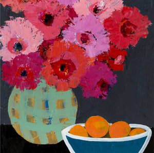 This coaster image by Anna Blatman is striking in its contrasting colours of black, red, pink, mint, orange and blue, has a vase filled with flowers and a bowl filled with oranges
