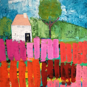 This coaster image by artist Anna Blatman depicts a little house, and one tree set in the country with colourful pickets